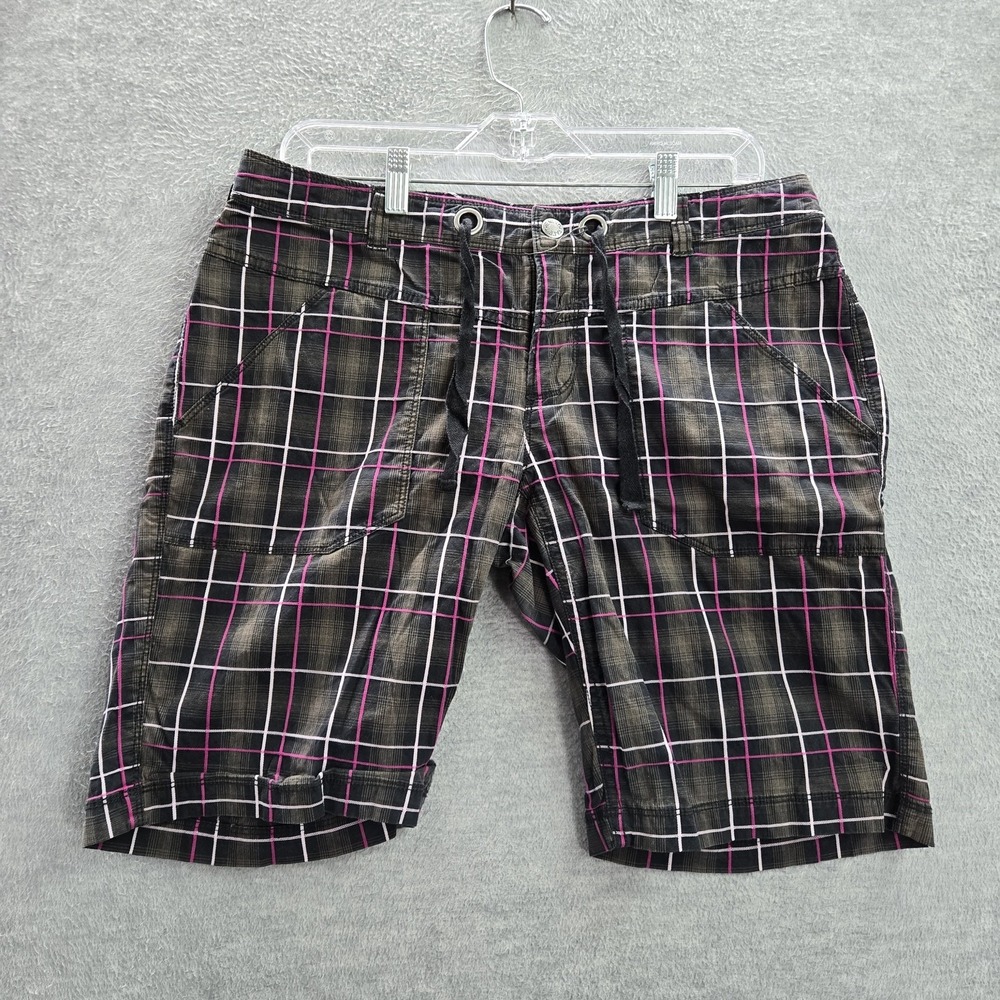The North Face Women Shorts 12 Black Plaid‎ Button Drawstring Cotton Elastane
